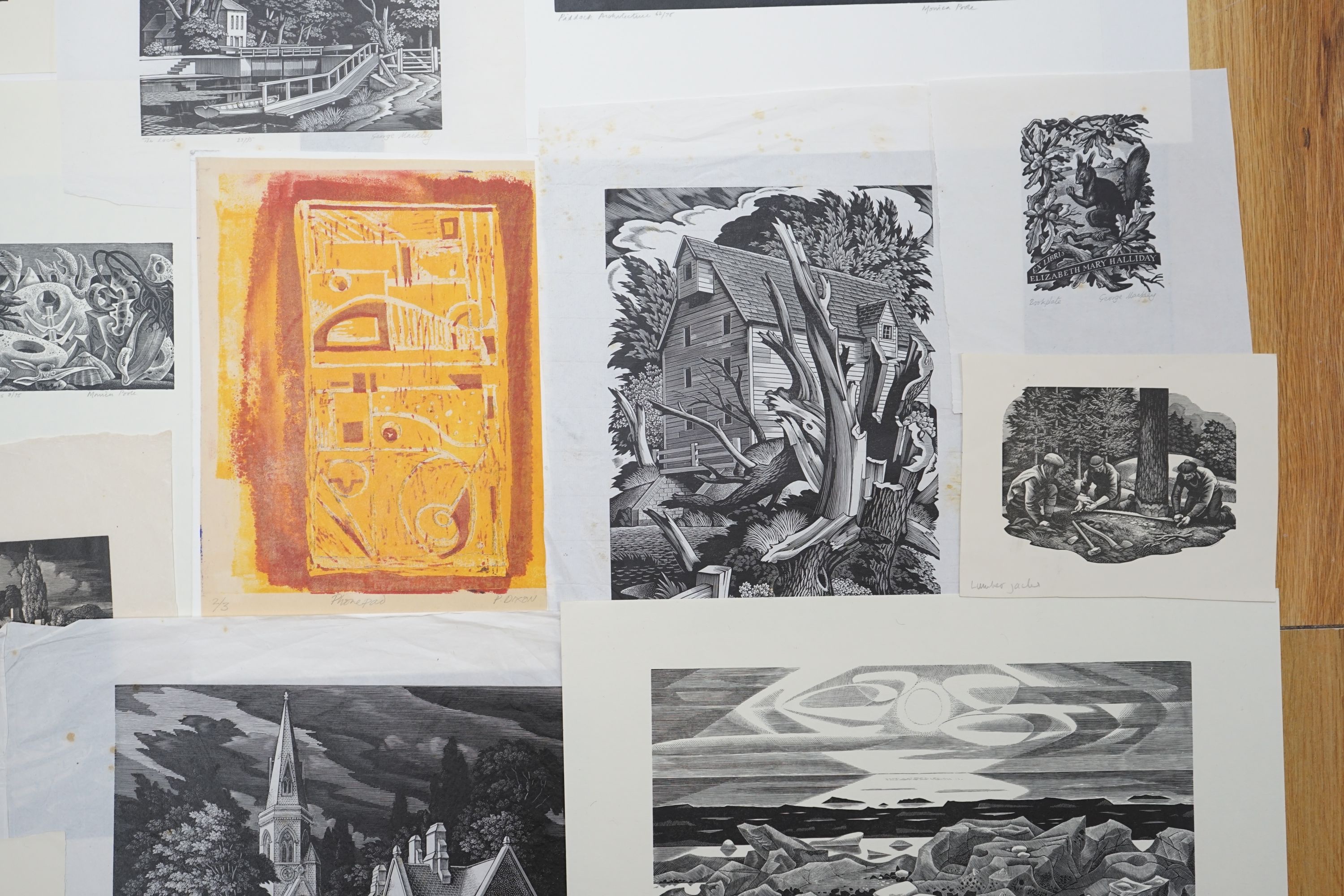 A folio of assorted woodblock prints by Monica Poole, George Mackley and P. Dixon, largest 15 x 20cm